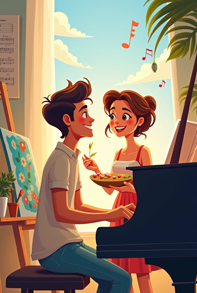 4 couple, He is a pianist and she is an artist, They both look fun and fresh