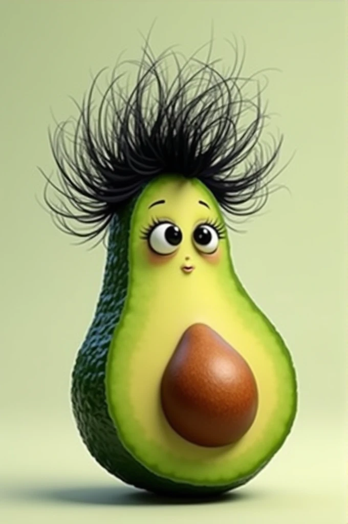 An avocado with black eyes and hair