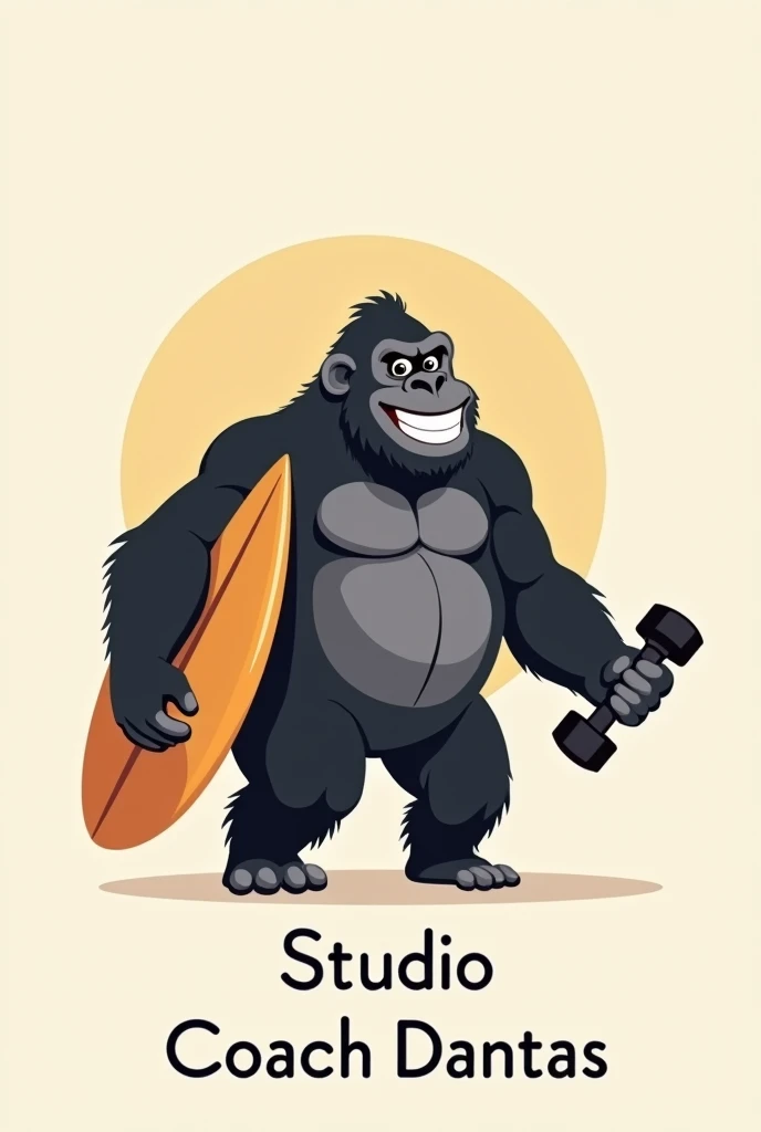 The happy gorilla image you made, in a minimalist way, with a surfboard on his arm, a dumbbell in the other arm,  and add text: Studio Coach Dantas