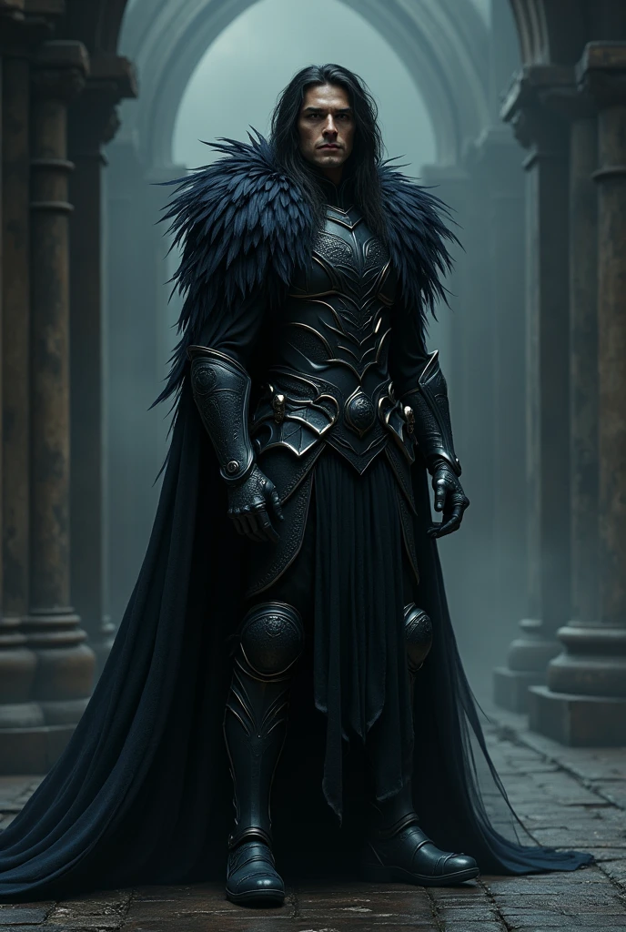 A Man, Half-Celestial, with black hair, Tan skin, dark clothing and armor, full body, Feather-like hairs and cloak, ravenlike, dark vibes