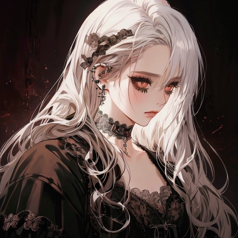 a gothic girl, close up, gothic makeup, long white hair, anime, lace choker, ear piercings, brown eyes, calm background, intricate details, dramatic lighting, cinematic composition, digital painting, highly detailed, masterpiece, 8k