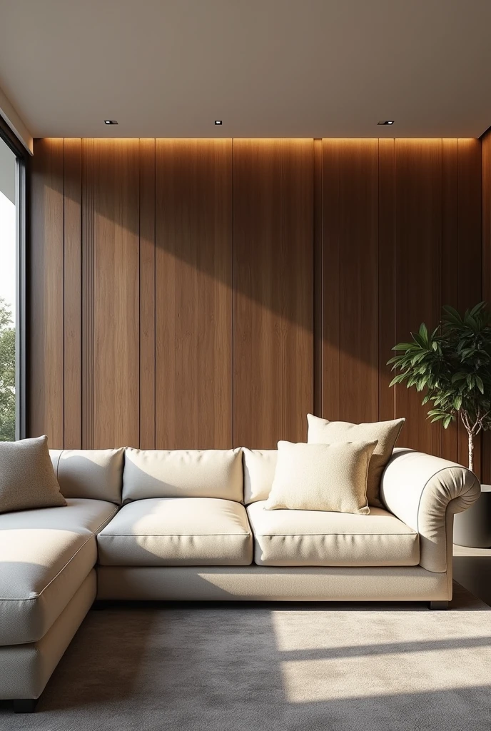 Interior design , modern living room , Brazilian residence , light sofa ,furniture signed by renowned artists , wooden panel , gray porcelain floor ,ultra realisitic , 4K , render ultra realisitic