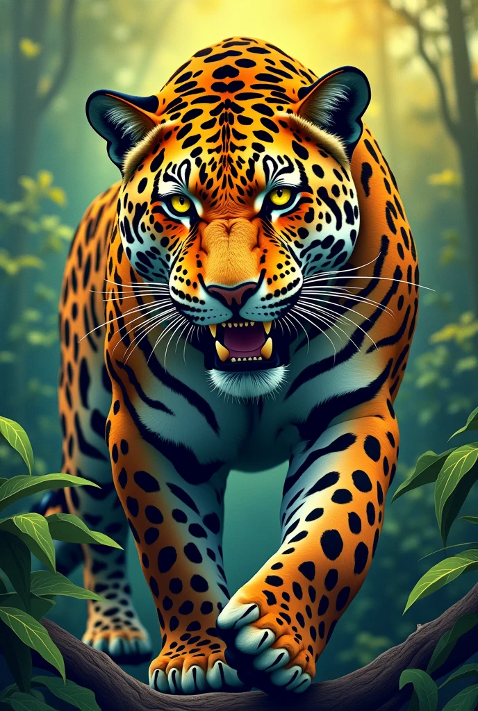 Jaguar in drawing with green and yellow background