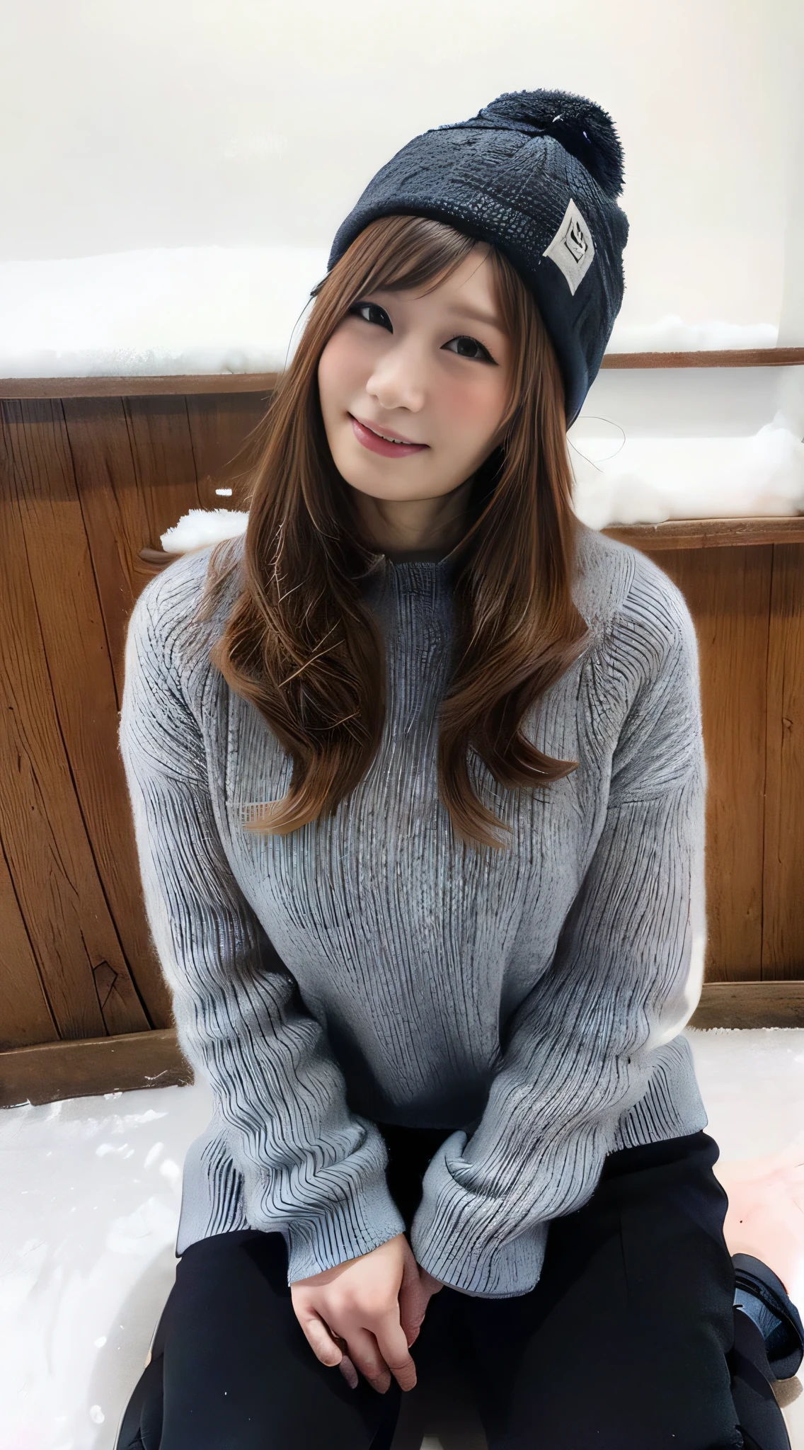 Tabletop, Highest quality, figure, Very detailed, In detail, High resolution, 8k wallpaper, Perfect dynamic composition, Beautiful attention to detail, Women's Ski Wear,((Very obscene and her breasts are bigger than her face:1.85))Show me、Knitted hat、Medium Hair,huge ,Natural color lip, Bold sexy pose,smile,Slopes、20-year-old girl、cute、Sexy shot looking at camera、snow board、Snowboarder、Ski、((Spread your legs wide、Spread your legs、Spread your legs))
