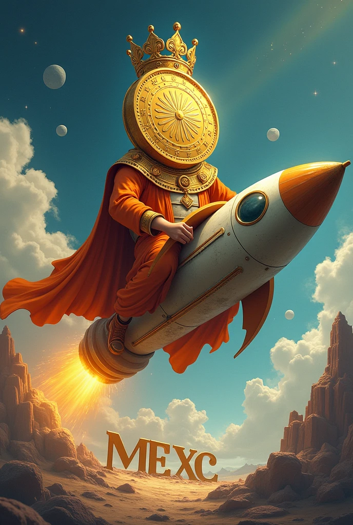A king who has a big head and looks like a coin and has a beautiful crown and dressed an orange rides a rocket and enters a planet whose entrance is written with dark blue : "MEXC"