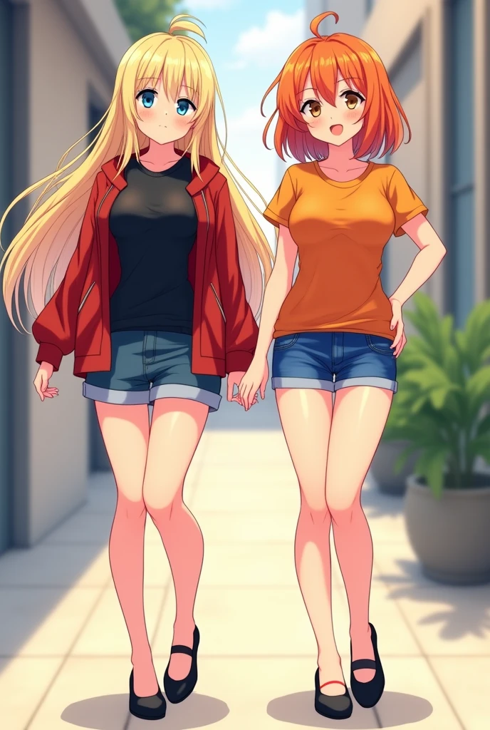 two anime girls, in a black shirt and red jacket in half open, in black Flats, black shorts, 1girl, solo, blonde hair, blue eyes, breasts, long hair, navel, smile, large breasts, midriff, looking at viewer, full body, 4k hd, big breasts, legs visible, tall, chubby girl, belly button, second girl, an anime girl, anime girl, cell shaded adult animation, shorts, orange hair, solo, short hair, smile, full body, 4k hd, legs visible, tall, blue shorts and an orange shirt, brown eyes, 1girl, in black Flats, 4k hd, big breasts, muscle girl, front position