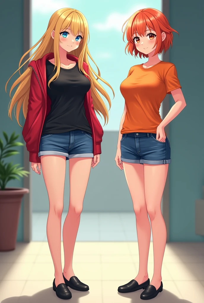 two anime girls, in a black shirt and red jacket in half open, in black Flats, black shorts, 1girl, solo, blonde hair, blue eyes, breasts, long hair, navel, smile, large breasts, midriff, looking at viewer, full body, 4k hd, big breasts, legs visible, tall, chubby girl, belly button, second girl, an anime girl, anime girl, cell shaded adult animation, shorts, orange hair, solo, short hair, smile, full body, 4k hd, legs visible, tall, blue shorts and an orange shirt, brown eyes, 1girl, in black Flats, 4k hd, big breasts, muscle girl, front position