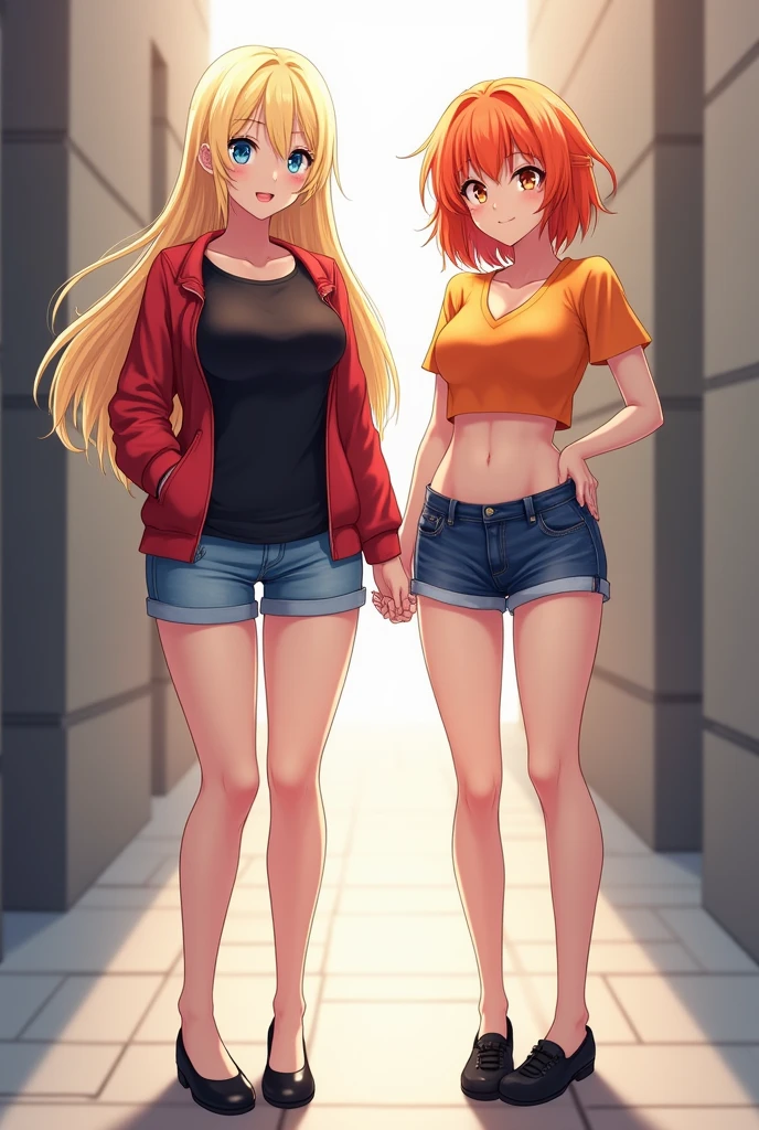 two girls, a girl with long light yellow hair and green eyes, second girl long dark red hair blue eyes, with casual clothes