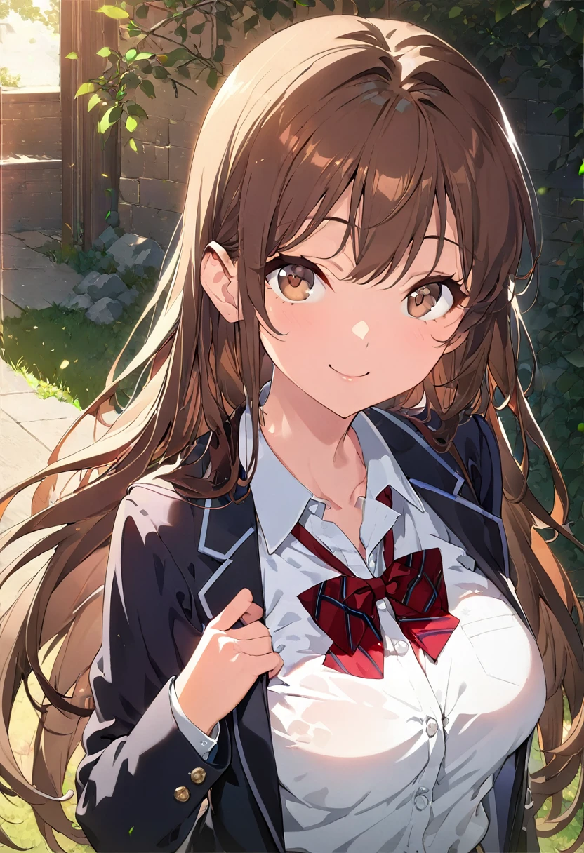 1.5, best quality, high quality, High definition, High quality texture, high detail, beautiful detailed, finely detailed, extremely detailed cg, detailed texture, ((ANIME)), 1girl, woman, female, ((extraordinarily kind)), brown hair, long hair, brown eyes, kind smile, warm nature, medium sized breasts, school outfit, uniform, black blazer, button up, ((ribbon)), plaid skirt
