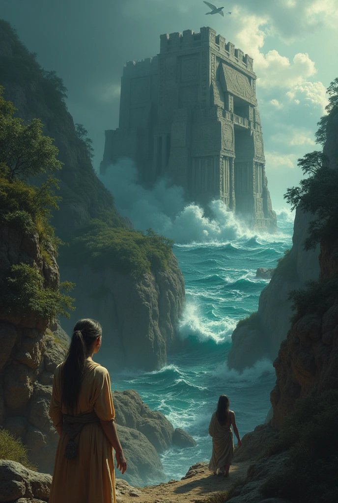 the myth of Atlantis, the legendary, beautiful island that was said to have been destroyed in a single day and night by a catastrophic event. This sudden and complete destruction serves as a powerful symbol of a catastrophe in both myth and literature. People's melancholic and helpless faces.