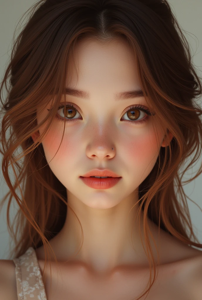 best qualityer, work of art, (realisitic:1.2), 1 girl, chestnut hair, eyes browns,正面, face detailed, gorgeous eyes