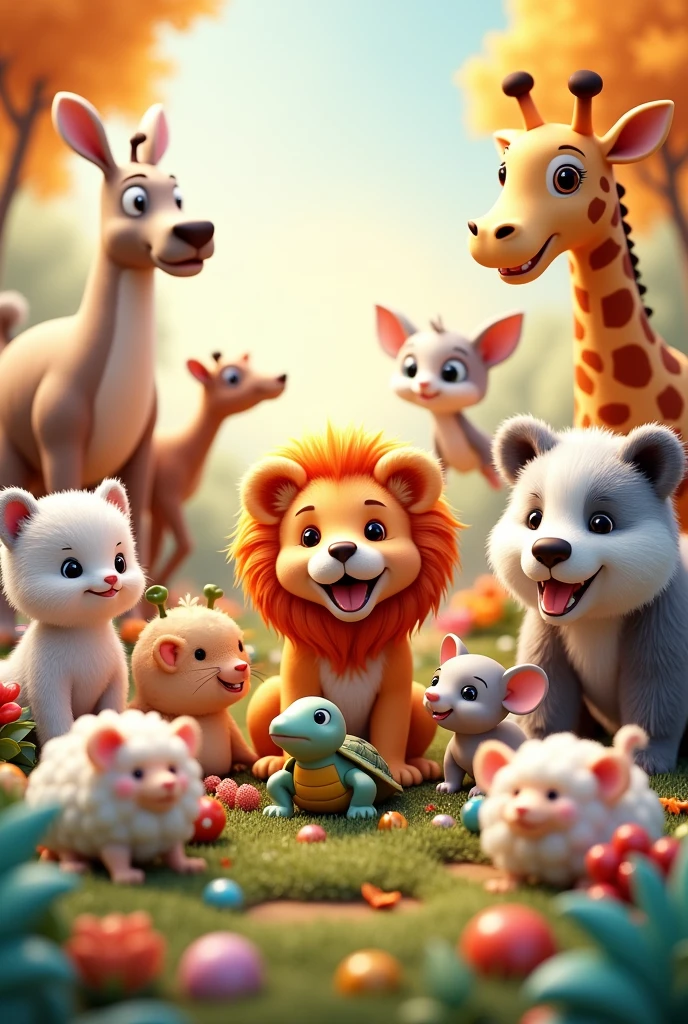 I want to create a cover for a coloring book , about cute baby animals, in 3d.
Brown and white dog White and gray cat Bird Lion Painted giraffe Green turtle Gray and small mouse Brown bear White sheep