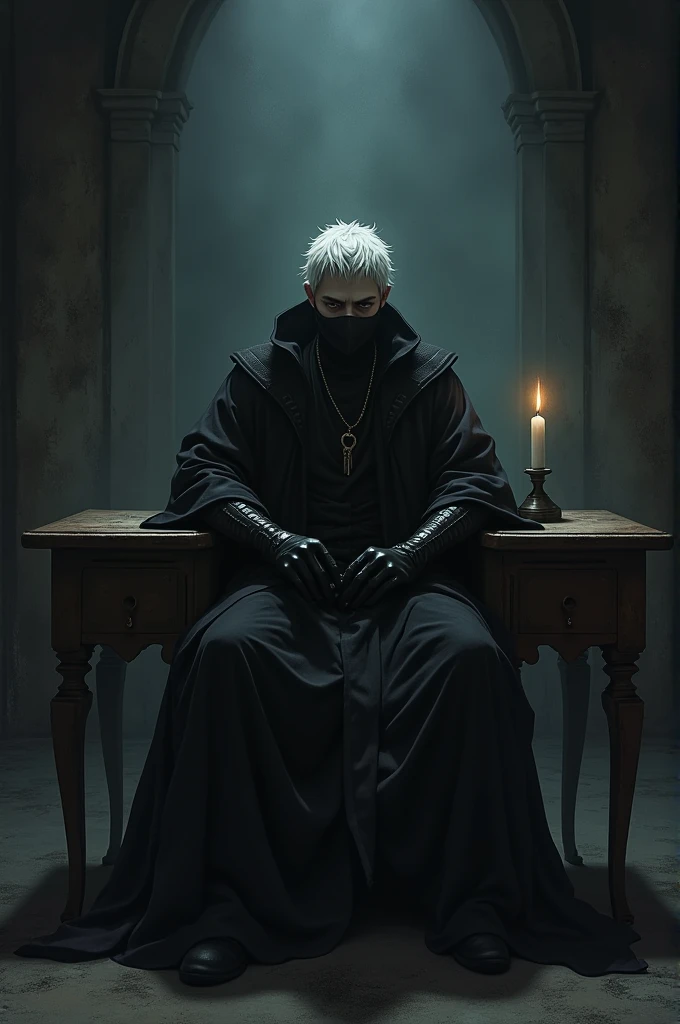 A man sits at an old desk in a dark, spooky room, illuminated only by a flickering candle. The art style resembles Fairy Tail anime. He wears black Japanese-style robes with a loose leather hood. His long black leather gloves and black face mask complement his pale skin. His hair is stark white.