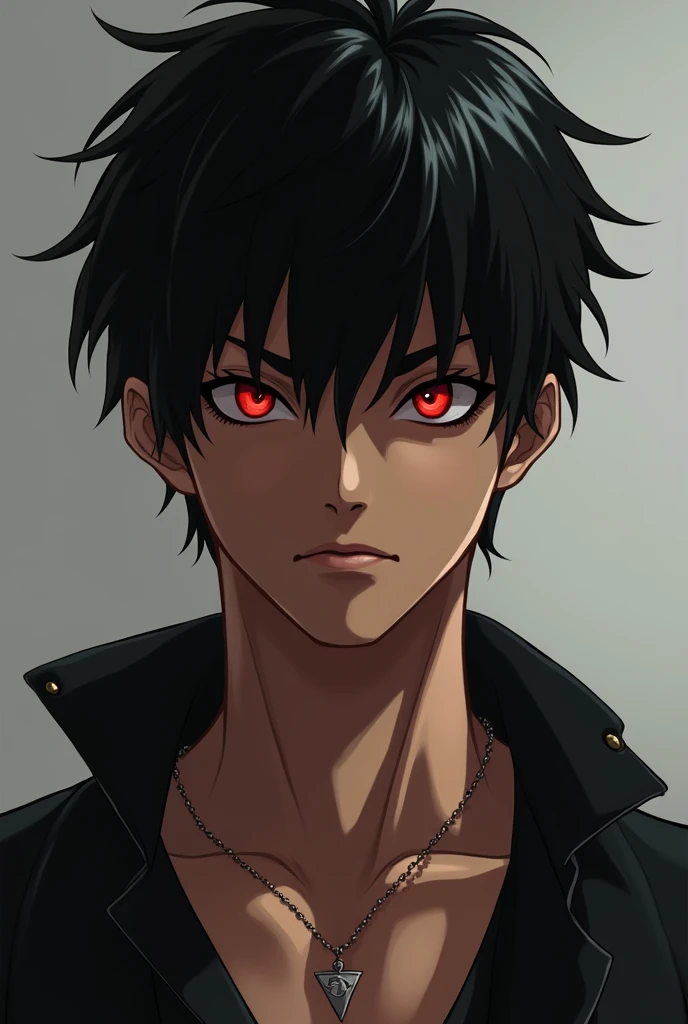 male character, . blackquality hair, short and spiky. Red eyes and brown skin

