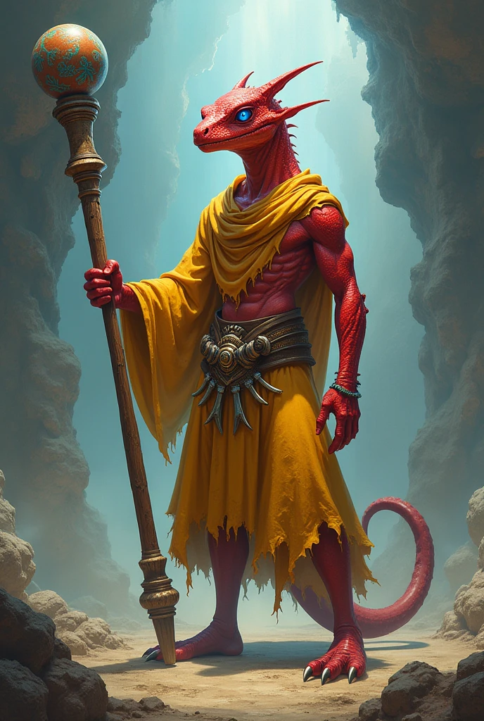Red skink man with blue eyes A long wooden staff with a sphere on the tip, blue with red details Yellow clothes