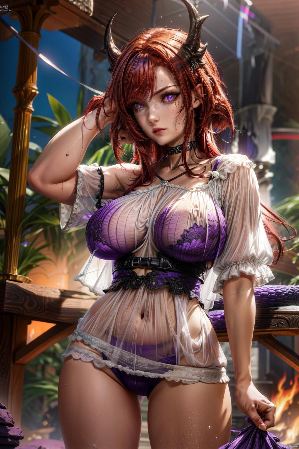 surtr_arknights, choker, (red hair:1.4), (purple eyes:1.5), long hair, (??????????????:1.2), thicc thighs, curvy ????, tanlines,
BREAK, (white shirt), shorts, (wet shirt:1.2), see-through shirt,
BREAK looking at viewer, night, (sweaty body), ((smirk)), (sweaty:1.3), (from below), (frontal view), side view,
BREAK (masterpiece:1.2), best quality, high resolution, unity 8k wallpaper, (illustration:0.8), (beautiful detailed eyes:1.6), extremely detailed face, perfect lighting, extremely detailed CG, (perfect ???????),ruanyi0070,
