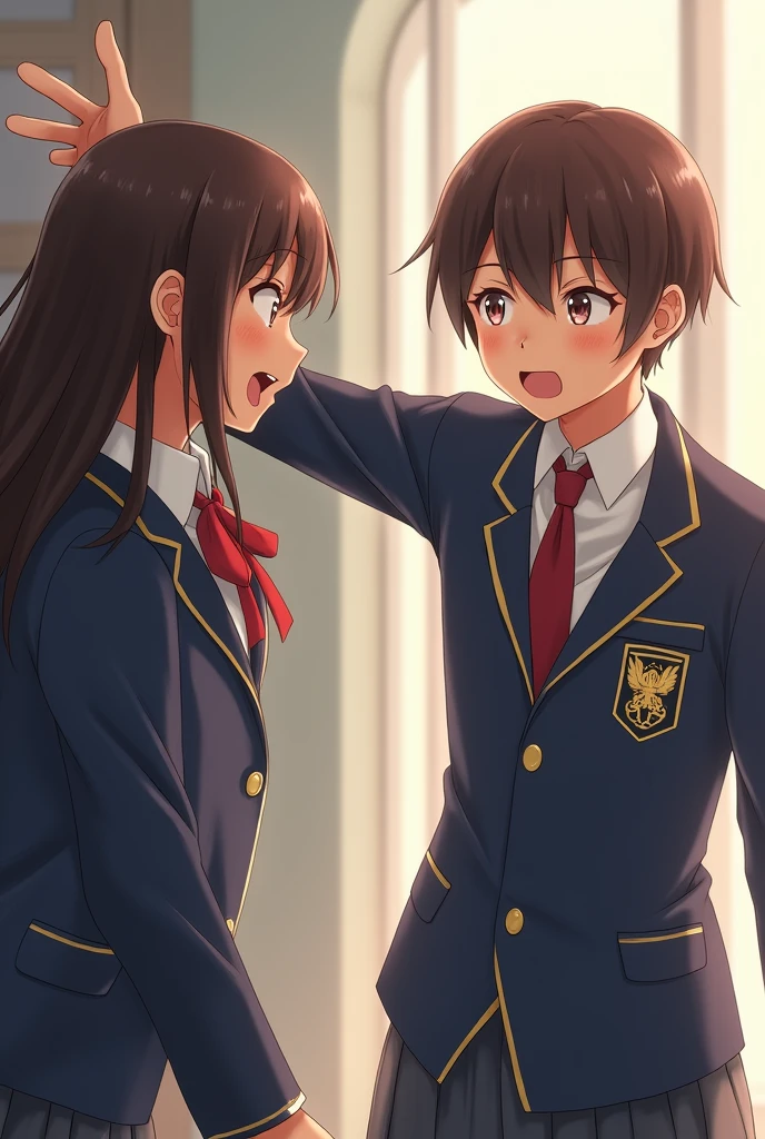I want an image of a girl in a school uniform with brown skin and straight brown hair and brown eyes and even boys with brown hair and brown eyes and in a school uniform (I want the image to show the girl in uniform slapping the boy in uniform in the face, with the girl's hand on the boy's face like a real slap, and the boy looking angry.)