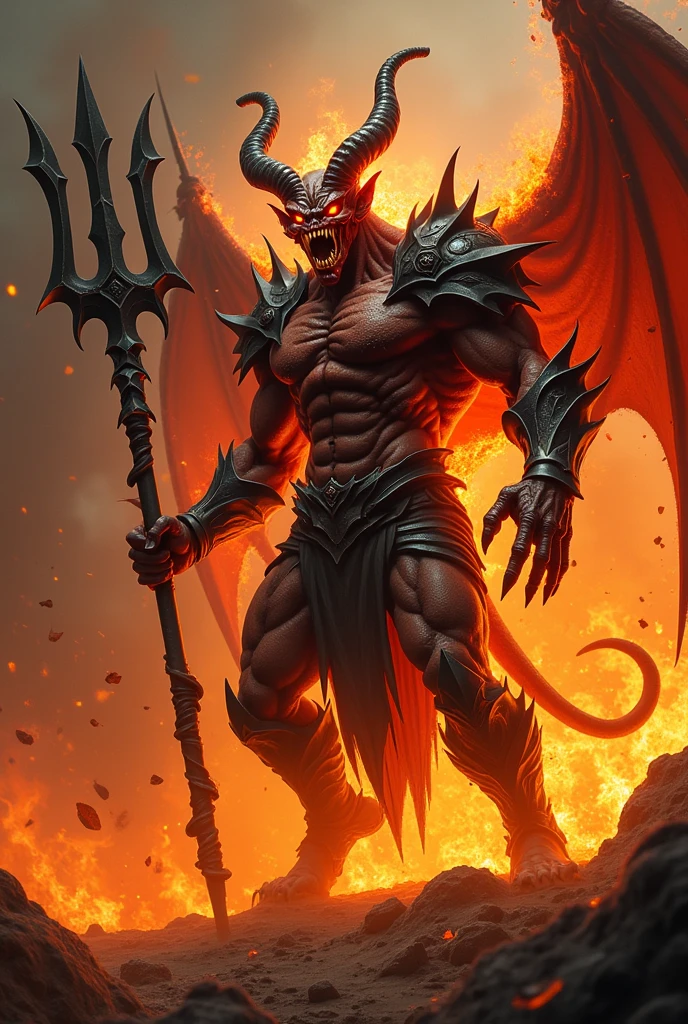 Hellfire scene, Fiery demon, holding trident, scary, humanoid, black devoid eyes, detailed demonic armor, strong pose, angry, hatred, evil look, facing me, fire, sharp teeth, roaring, ultra detailed, hyper realistic, 