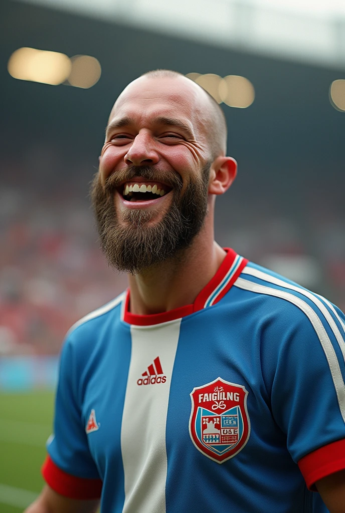 (photorealism:1.2), hölfen Halmër Icelandic footballer laughing with retro shirt Almost bald hair but with hair Beard And similar to Roy Keane And retro photo 2007 With the shirt of the Grasshoppers Zurich team of Switzerland Blue stripe one and white stripe Or in itself a shirt divided into two colors Blue and white with the Grasshoppers Zurich crest Inside the Zenith stadium