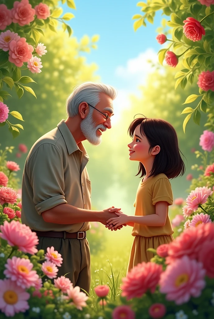 a seven year old girl with chocolate colored hair without bangs with MEDIUM hair, He is in an orchard talking to his grandfather, His grandfather has white hair and beard and they are surrounded by many flowers LIKE DAISIES, CARNATIONS, tulips, ORCHIDS AND OTHERS .
