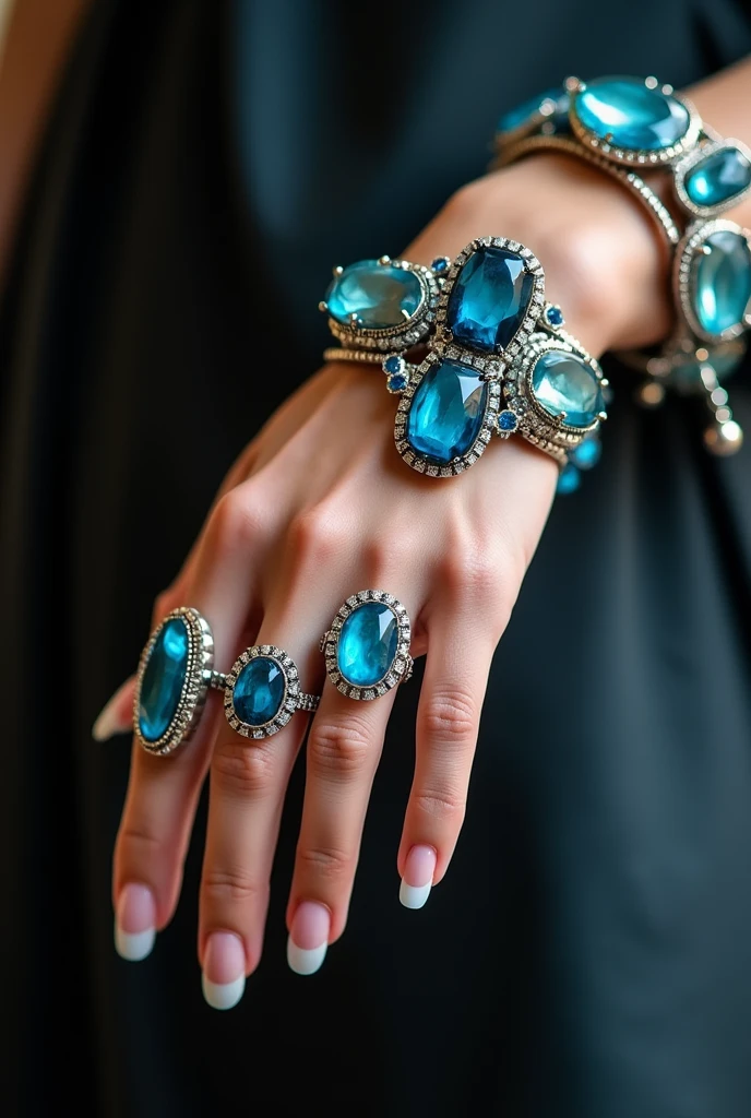 H/b photo! only jewels in color. Sophisticated, elegant female hand, almost the whole frame. On the fingers are very large, unusual rings in boho style with bright, transparent, with dark blue stones. On the wrist are bracelets with stones in the Boho style. French manicure. Backstage the woman's body is out of focus.