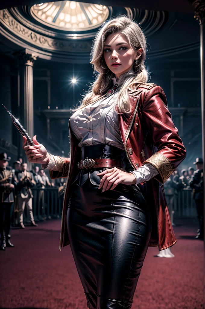 masterpiece,best quality, masterpiece, high detail,detailed face,detailed eyes,rendered eyes,perfect eyes,hip lines,crisp image,detailed,amazing,8k,8k wallpaper,8k background,high detailed skin,high res, (((cowboy shot))), solo, 1girl,looking at viewer,WillowSchnee, . Her attire consists of a white cravat secured by a silver brooch set with a red stone, as well as a light purple jacket with light sleeves, a wide belt around her waist, a matching pencil skirt with black tights and slippers. serious expression, outside ornate theater, gala, crowd, ((crowd in military uniforms)) standing in front of futuristic limo, holding wine glass, (volumetric lighting), sharp focus, hyper detailed