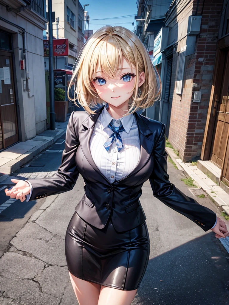 Anime style, super fine illustration, highly detailed, beautiful detailed, perfect detailed, super high quality image, static representation, gentle expression, happy expression, the pretty image, super stylish, 8k, pretty 1girl with blonde straight short hair & blue eyes & a bright smile & full bust & soft fair skin is a career woman who is very hard working not to show her skin wearing business shirt & black tight skirt & black pantyhose on the urban business buildings street, in the morning, solo, perfect fingers, no more fingers, no less fingers, perfect arms, no more arms, perfect legs, no more legs, no more hair, masterpiece.