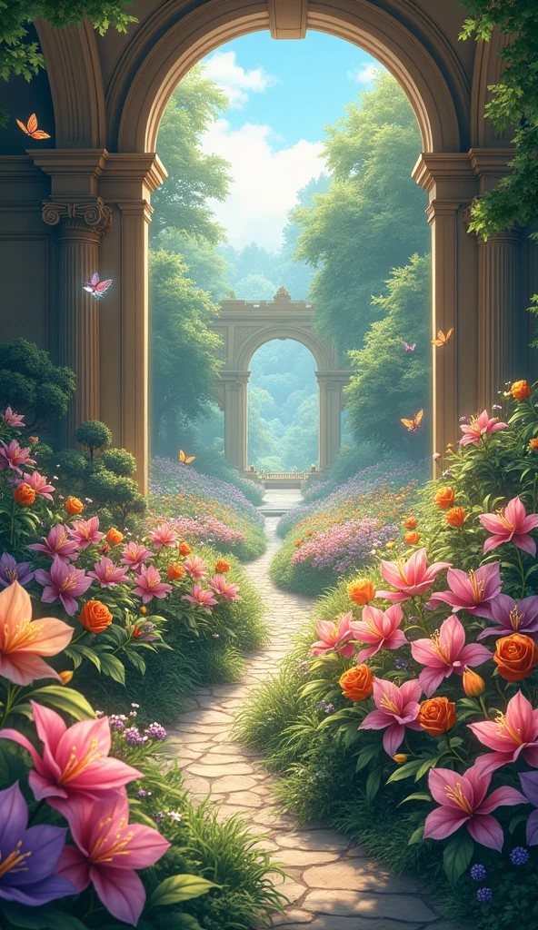 a beautiful anime royal garden in a palace, stunning detailed flowers blooming, butterflies everywhere glowing in the sunlight, small size