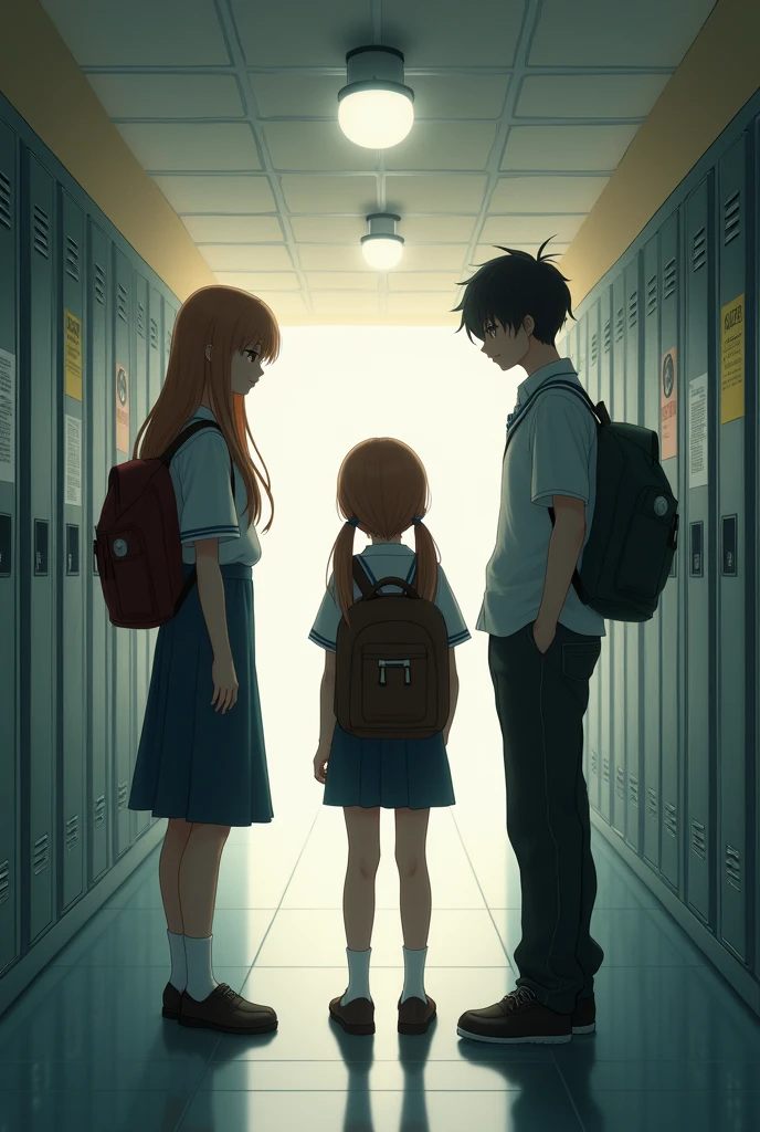 A girl and two boys with their backs to each other in the hallway of a school