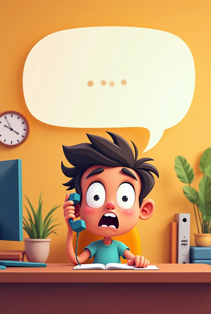 A humorous cartoon-style image of a person sitting at a desk, holding a phone with a confused expression. The phone is on speaker, and a very big speech bubble shows  The scene should be light-hearted with exaggerated, playful features, bright colors, and a whimsical background that hints at a mix-up. The setting is a cozy, warm room with simple furniture, and the person should look slightly bewildered but amused