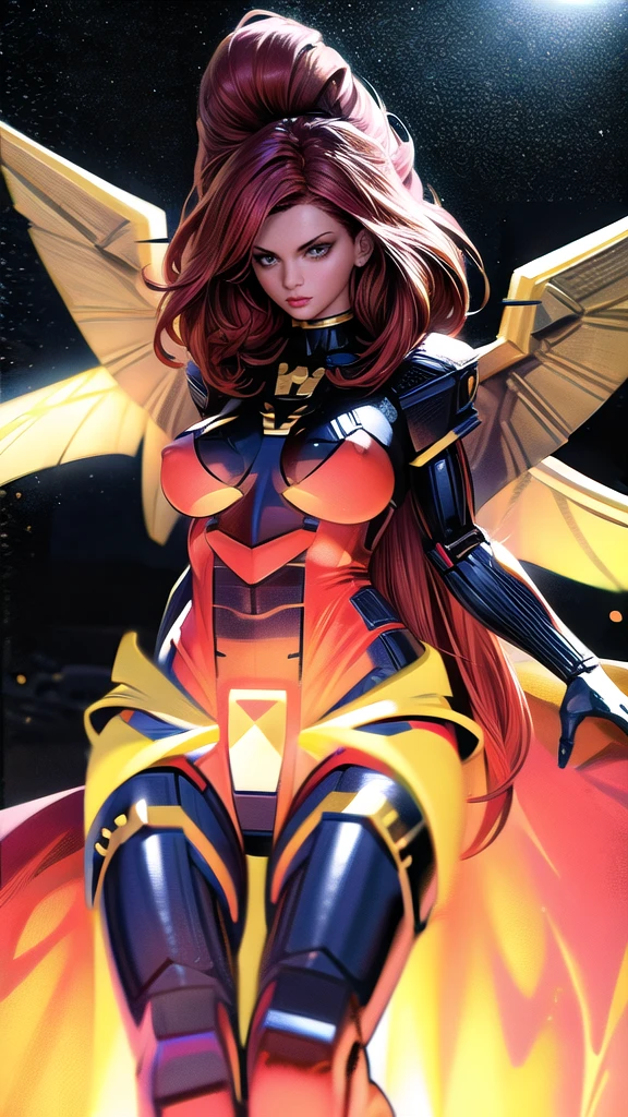 A beautiful detailed portrait of Jean Grey from X-men as a Gundam mecha, extremely detailed eyes and face, long eyelashes, intricate mecha design, wings, futuristic tech, seamless integration of organic and mechanical elements, cinematic lighting, dynamic fighting poses, (wide angle:1.27), (full length portrait:1.37), vibrant colors, 8k, photorealistic, concept art style, sharp focus, clean lines, erect nipples under clothing, no bra