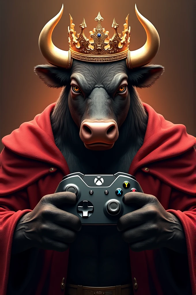 (Logo salle de jeux Royal game): taureau qui porte manette Xbox x et couronne royal