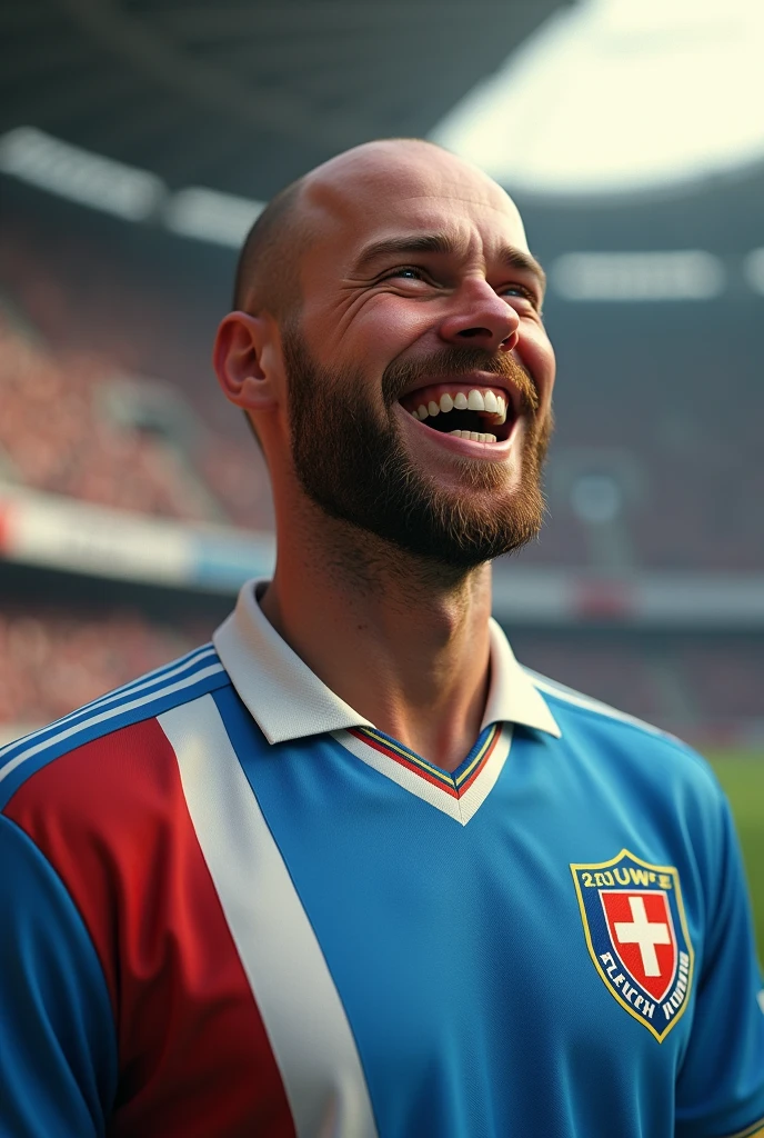 (photorealism:1.2), hölfen Halmër Icelandic footballer laughing with retro shirt Almost bald hair but with hair Beard And similar to Roy Keane And retro photo 2007 With the shirt of the Grasshoppers Zurich team of Switzerland Blue stripe one and white stripe Or in itself a shirt divided into two colors Blue and white with the Grasshoppers Zurich crest Inside the Zenith stadium