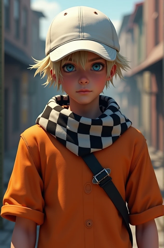 A male free fire character with a white cap, blue eyes, a scarf with black checkered scarf and an orange prisoner shirt 
