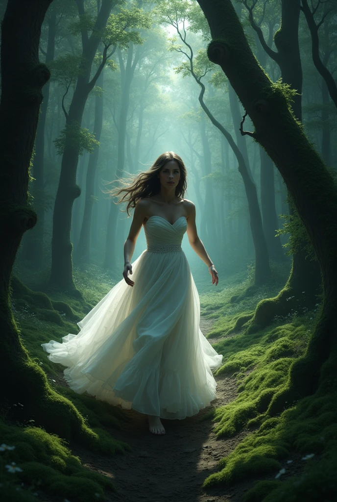 Bride running into the darkness of the realistic forest 