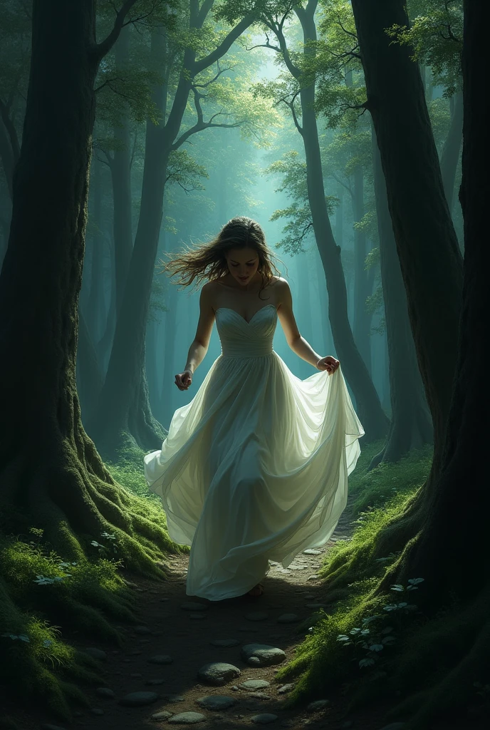 Bride running into the darkness of the realistic forest 