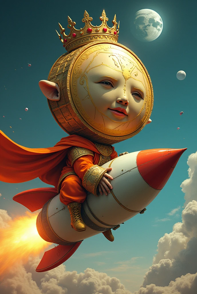 A king who has a big head and looks like a coin and has a beautiful crown and dressed an orange rides a rocket and enters a planet whose entrance is written with dark blue alphabet: "MEXC"