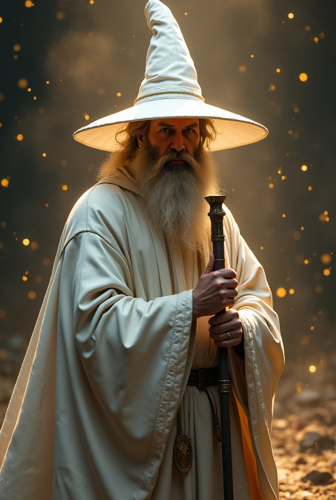 30 year old white wizard, naughty man, short brown hair, sem beard, eyes covered by the brim of the pointed white hat, holding a magic staff, white medieval style robes, dark background with golden light and golden particles around the wizard. Epic style