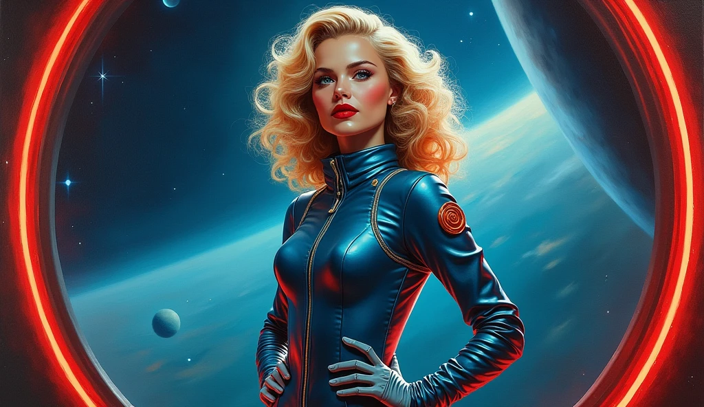 High-quality realistic acrylic art, VIVID COLORS, back point a view, a beautiful vintage european woman with blonde curly hair, looking at the viewer with suspicious face and a shy smile, red lips, she wears blue metalic atomic age style space suit, hands in the waist, dramatic blue red lights, in deep space with a partial planet in orbit