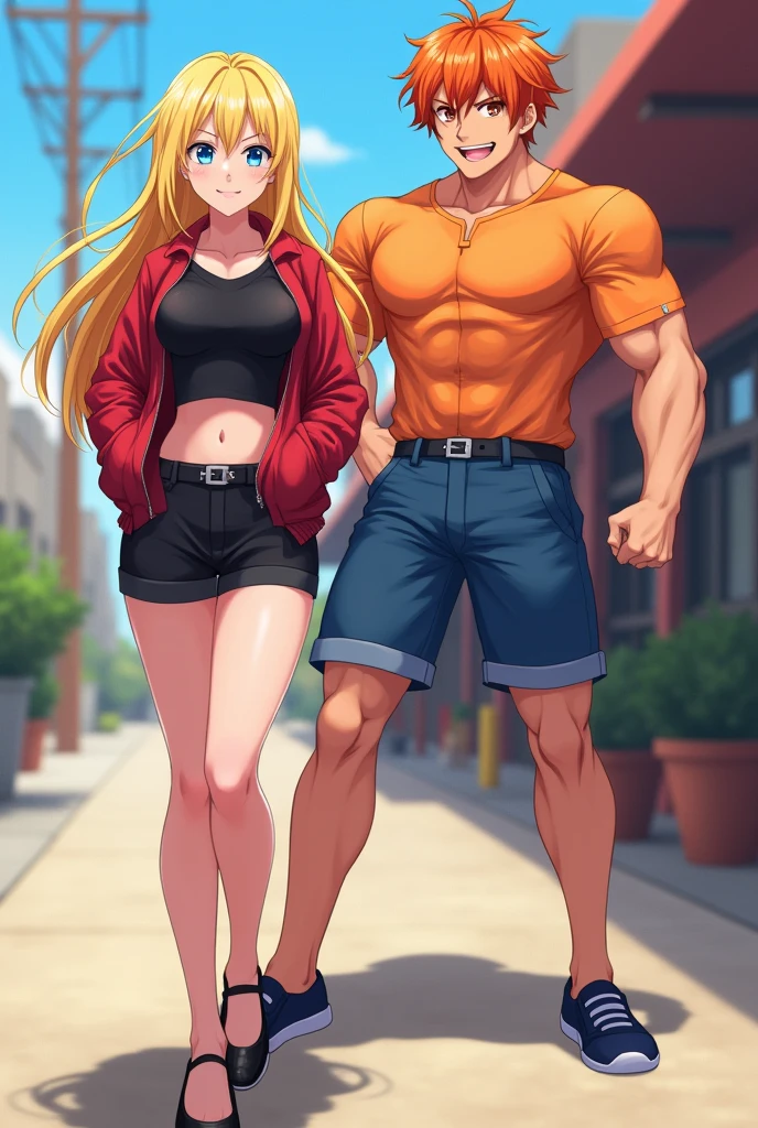 two anime girls, in a black shirt and red jacket in half open, in black Flats, black shorts, 1girl, solo, blonde hair, blue eyes, breasts, long hair, navel, smile, large breasts, midriff, looking at viewer, full body, 4k hd, big breasts, legs visible, tall, fat girl, belly button, second girl, an anime girl, anime girl, cell shaded adult animation, shorts, orange hair, solo, short hair, smile, full body, 4k hd, legs visible, tall, blue shorts and an orange shirt, brown eyes, 1girl, in black Flats, 4k hd, big breasts, big muscle girl, front position