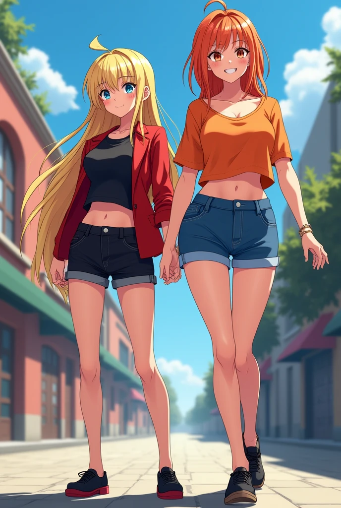 two anime girls, in a black shirt and red jacket in half open, in black Flats, black shorts, 1girl, solo, blonde hair, blue eyes, breasts, long hair, navel, smile, large breasts, midriff, looking at viewer, full body, 4k hd, big breasts, legs visible, tall, fat girl, belly button, second girl, an anime girl, anime girl, cell shaded adult animation, shorts, orange hair, solo, short hair, smile, full body, 4k hd, legs visible, tall, blue shorts and an orange shirt, brown eyes, 1girl, in black Flats, 4k hd, big breasts, big muscle girl, front position