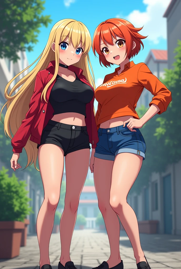 two girls, a girl with long light yellow hair and green eyes, second girl long dark red hair blue eyes, with casual clothes