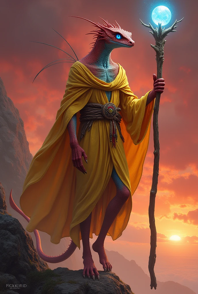 Red skink man with blue eyes A long wooden staff with a sphere on the tip, blue with red details Yellow clothes Levitating