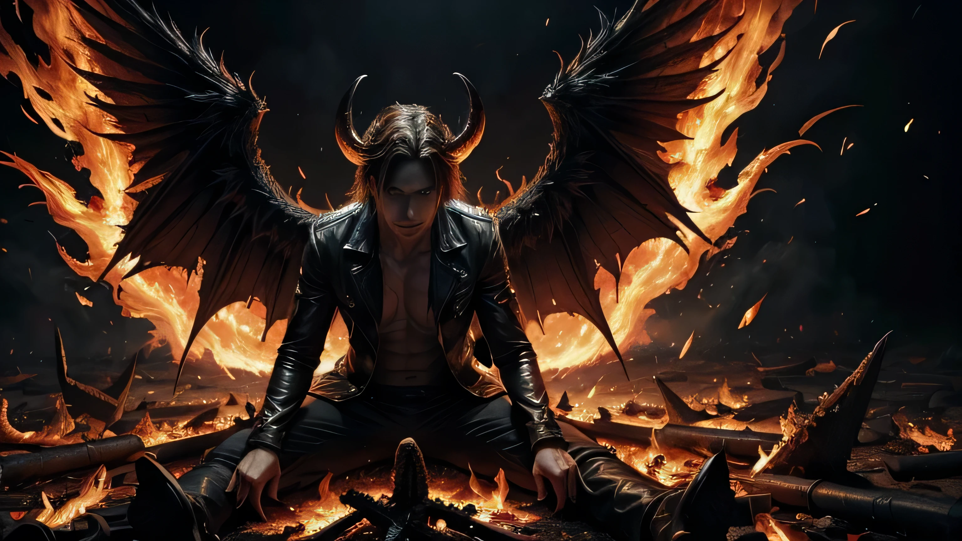 an ultra realistic image of lucifer, satan surrounded by fallen angels and a fiery environment, ultra realistic image