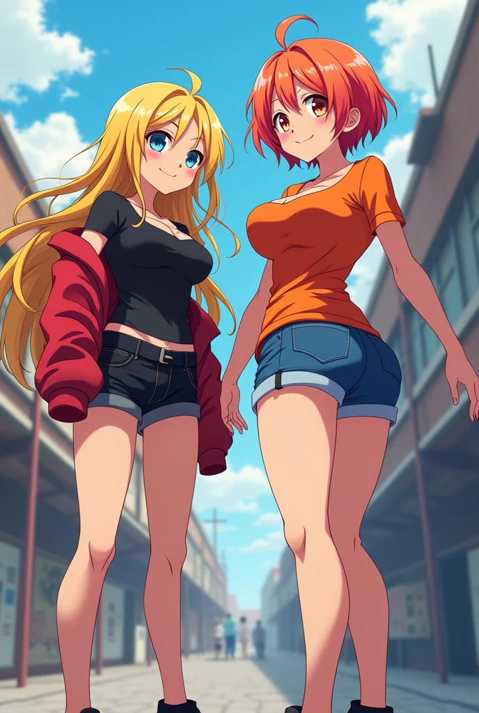 two anime girls, in a black shirt and red jacket in half open, in black Flats, black shorts, 1girl, solo, blonde hair, blue eyes, breasts, long hair, navel, smile, large breasts, midriff, looking at viewer, full body, 4k hd, big breasts, legs visible, tall, fat girl, belly button, second girl, an anime girl, anime girl, cell shaded adult animation, shorts, orange hair, solo, short hair, smile, full body, 4k hd, legs visible, tall, blue shorts and an orange shirt, brown eyes, 1girl, in black Flats, 4k hd, big breasts, big muscle girl, front position