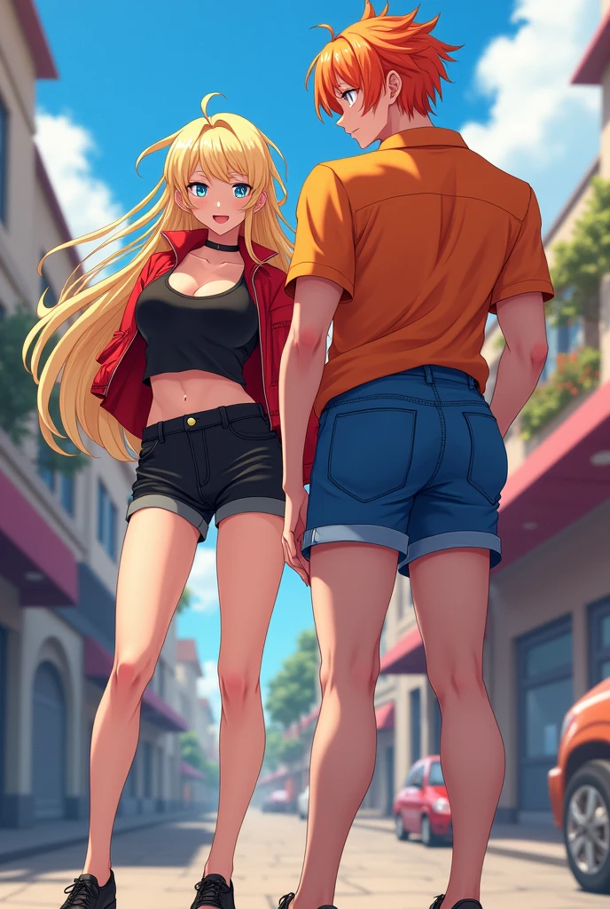 two anime girls, in a black shirt and red jacket in half open, in black Flats, black shorts, 1girl, solo, blonde hair, blue eyes, breasts, long hair, navel, smile, large breasts, midriff, looking at viewer, full body, 4k hd, big breasts, legs visible, tall, fat girl, belly button, second girl, an anime girl, anime girl, cell shaded adult animation, shorts, orange hair, solo, short hair, smile, full body, 4k hd, legs visible, tall, blue shorts and an orange shirt, brown eyes, 1girl, in black Flats, 4k hd, big breasts, big muscle girl, front position