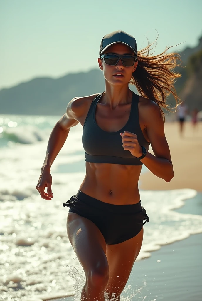 Photo taken at an angle of a sporty girl running in a tank top outside by the sea. The photo is taken from 10 metres away. It's very hot, she's sweating and suffering , and she's wearing a cap and cycling glasses like a professional. You can see her bewitching natural form. Brown hair, Sexy and athletic body, Eyeliner, Face with features of Italian origin, Sexsimbol. 8k, masterpiece, RAW photography, top quality, photorealistic, highly detailed Unity 8k CG wallpaper. Use advanced rendering techniques to ensure maximum realism, including detailed textures on her skin, eyes, and hair. Use advanced rendering techniques to ensure maximum realism, including detailed textures on her skin, eyes, and hair.
