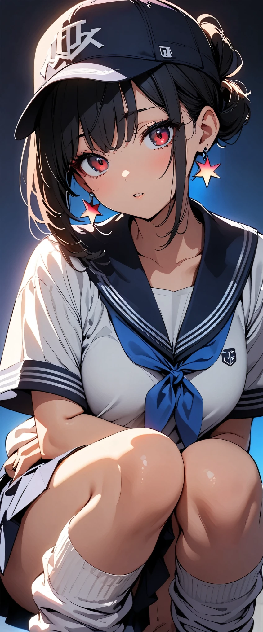 (high quality, 8k, 4K, High Contrast, masterpiece:1.2, 最high quality, Best aesthetics), (Dynamic Angle), ((1 female)),((Crouching)), ((A plain background:1.3)), ((Flat Color)), Navy blue sailor suit,Navy blue pleated mini skirt,(White loose socks), Looking at the audience, (Cool look), Sleepy eyes, High Contrast, Contrasting colors, , Pale pink and blue lighting, ((Short Hair)) , (Tied Hair), Black Hair, Red eyes, Small star-shaped earrings in both ears, bright eyeshadow,high angle shot, Baseball Cap,Mature face