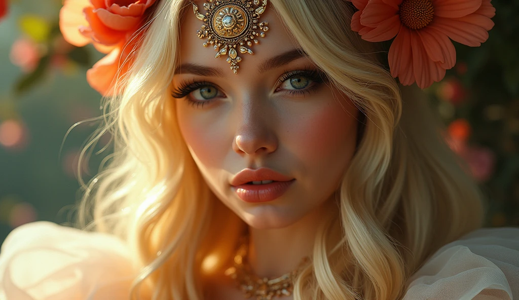 (Masterpiece.UHD.photorealistic) an ultra hot gorgeous blonde woman with beautiful detailed eyes,beautiful detailed full lips,extremely detailed eyes and face,longeyelashes, epic cleavage (100e breast size) ,portrait,fantasy,intricate detailed facial features,ornate headpiece,intricate flower crown,ornate jewelry,flowing ethereal dress,dramatic lighting,cinematic angle,digital painting,concept art,highly detailed,photorealistic,8k,masterpiece,vibrant colors,warm color palette)