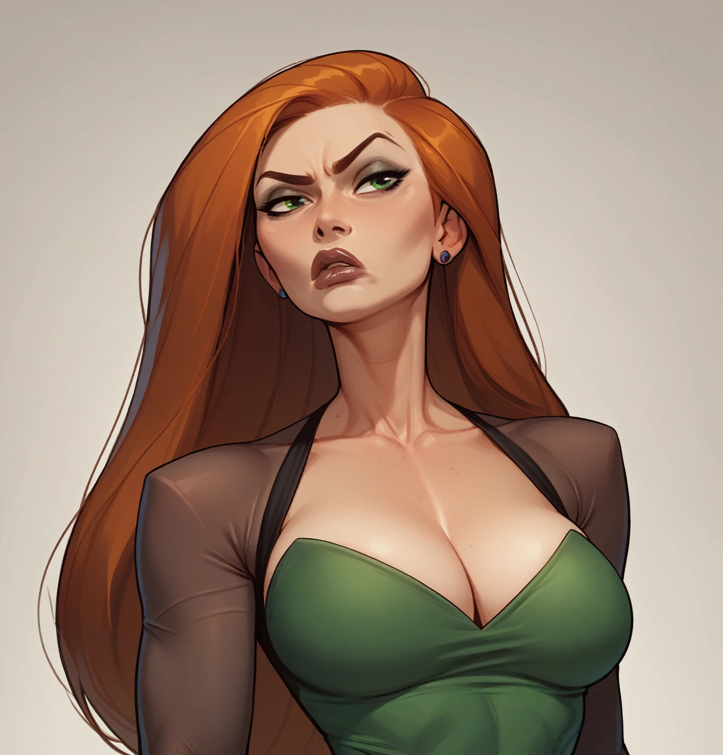 score_9, score_8_up,score_7_up, score_6_up, score_5_up, score_4_up, woman, best quality, highres, portrait, high heels, solo, beautiful, makeup, soft lips, kim possible, serious, large cleavage,